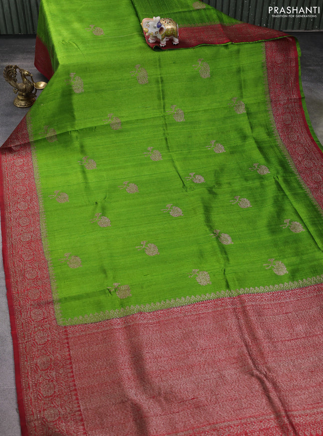 Banarasi raw silk saree green and maroon with thread & zari woven buttas and woven border