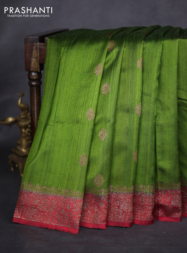 Banarasi raw silk saree green and red with thread & zari woven buttas and woven border