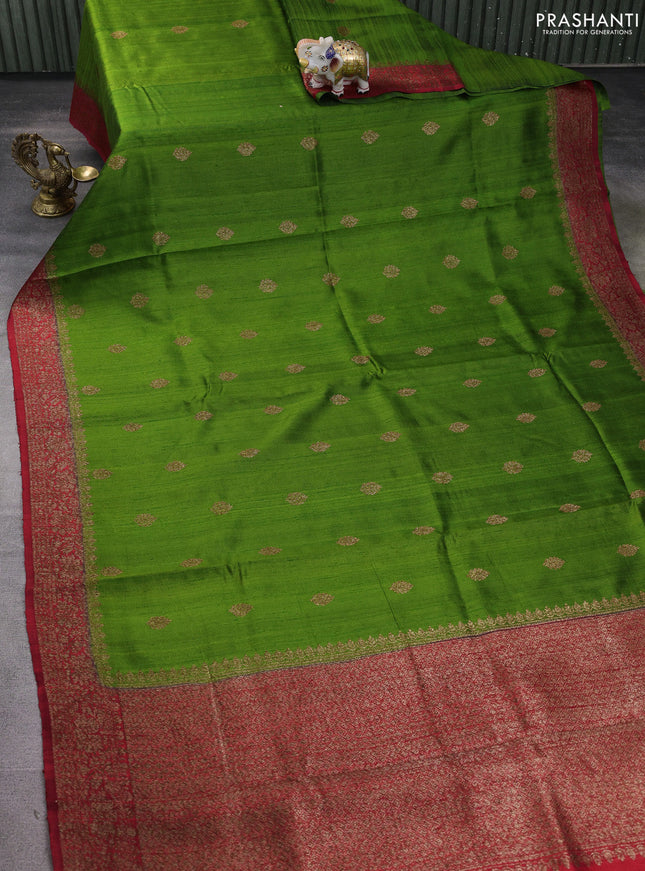 Banarasi raw silk saree green and red with thread & zari woven buttas and woven border
