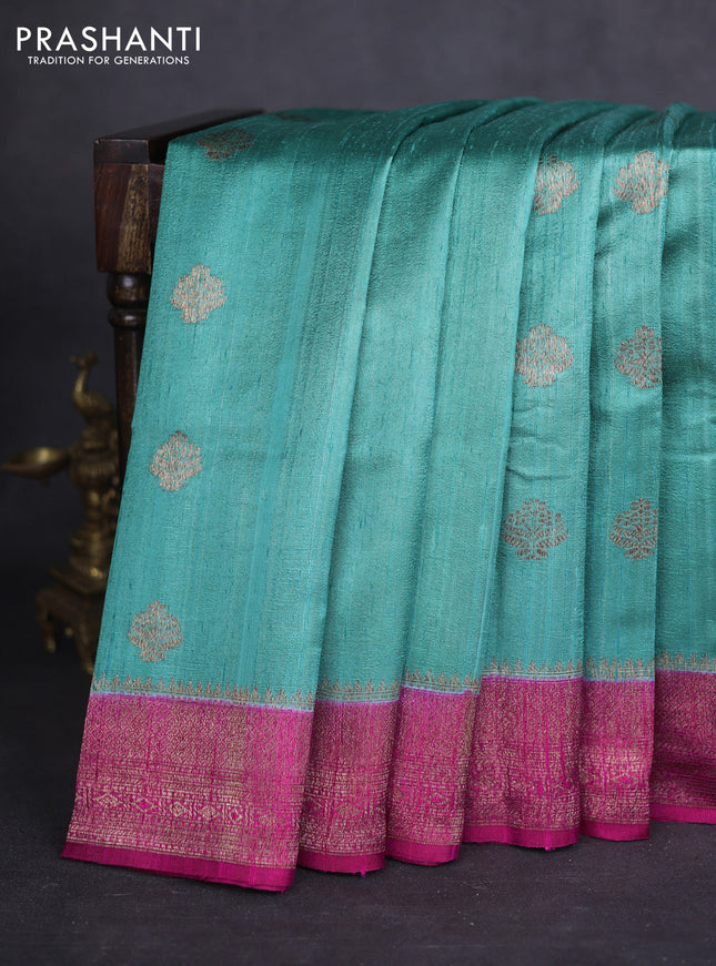 Banarasi raw silk saree teal green and pink with thread & zari woven buttas and woven border