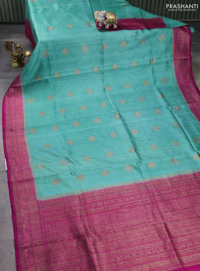 Banarasi raw silk saree teal green and pink with thread & zari woven buttas and woven border