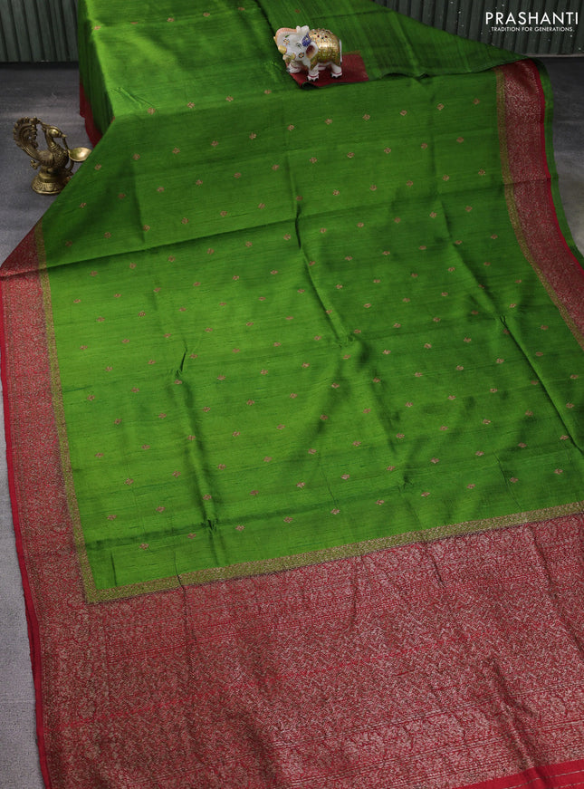 Banarasi raw silk saree green and red with thread & zari woven buttas and woven border
