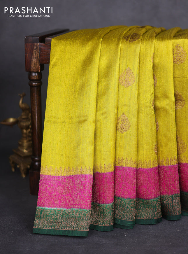 Banarasi raw silk saree lime yellow and pink green with thread & zari woven buttas and woven border