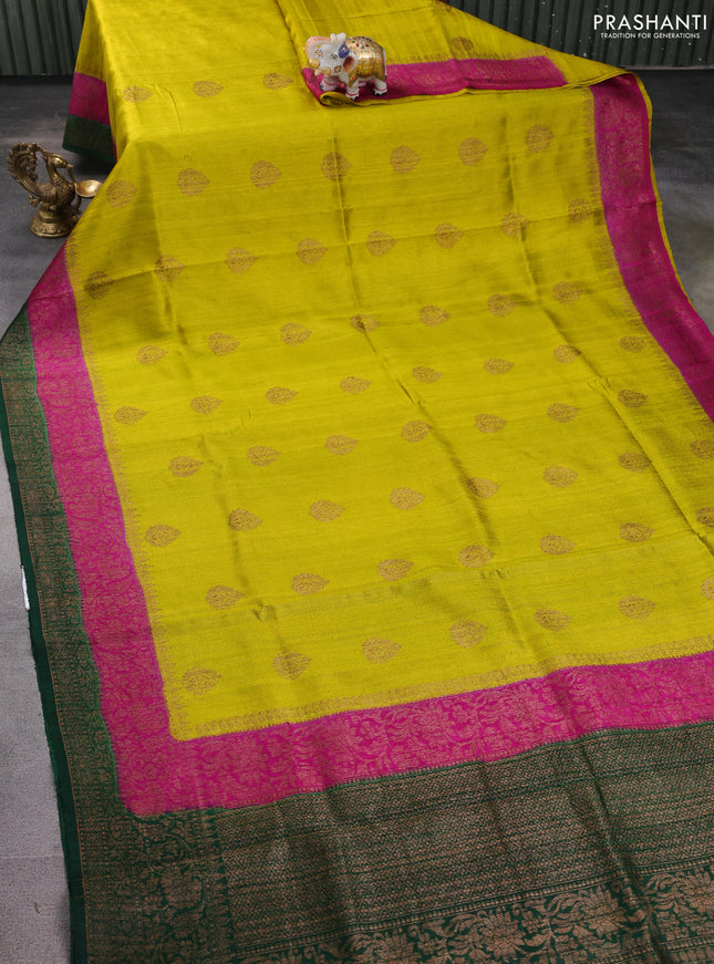 Banarasi raw silk saree lime yellow and pink green with thread & zari woven buttas and woven border