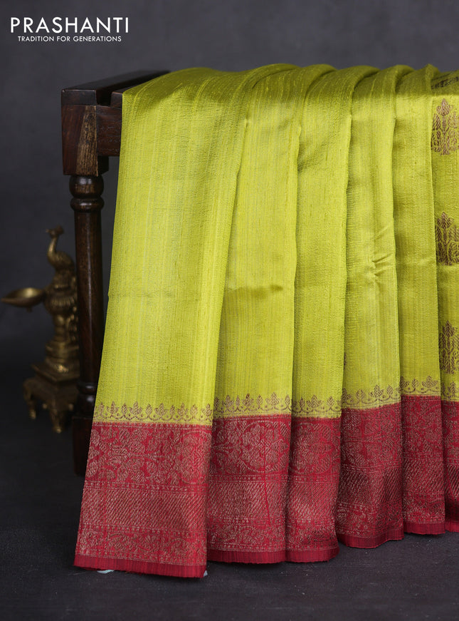 Banarasi raw silk saree lime green and maroon with thread & zari woven buttas and woven border