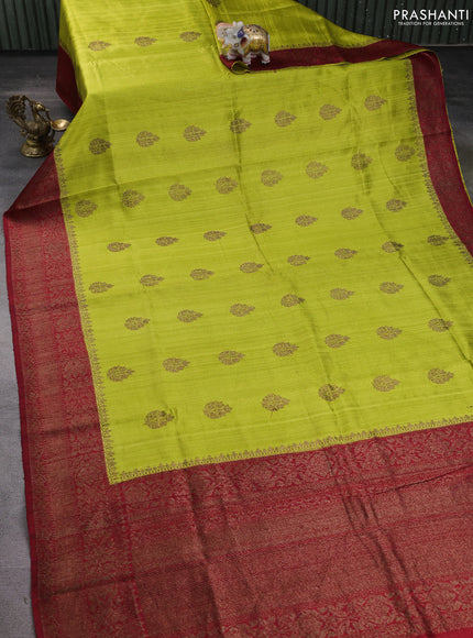Banarasi raw silk saree lime green and maroon with thread & zari woven buttas and woven border