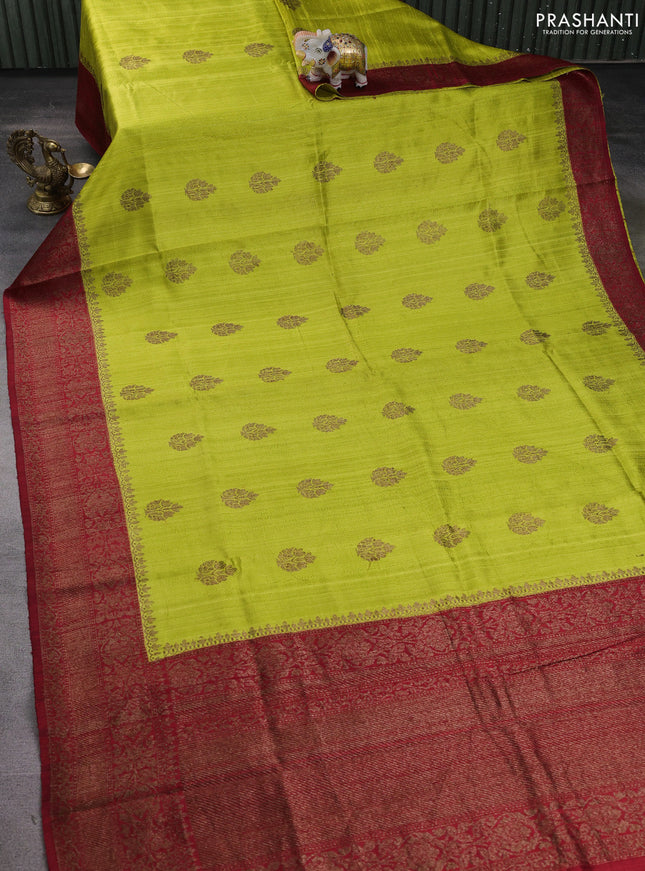 Banarasi raw silk saree lime green and maroon with thread & zari woven buttas and woven border