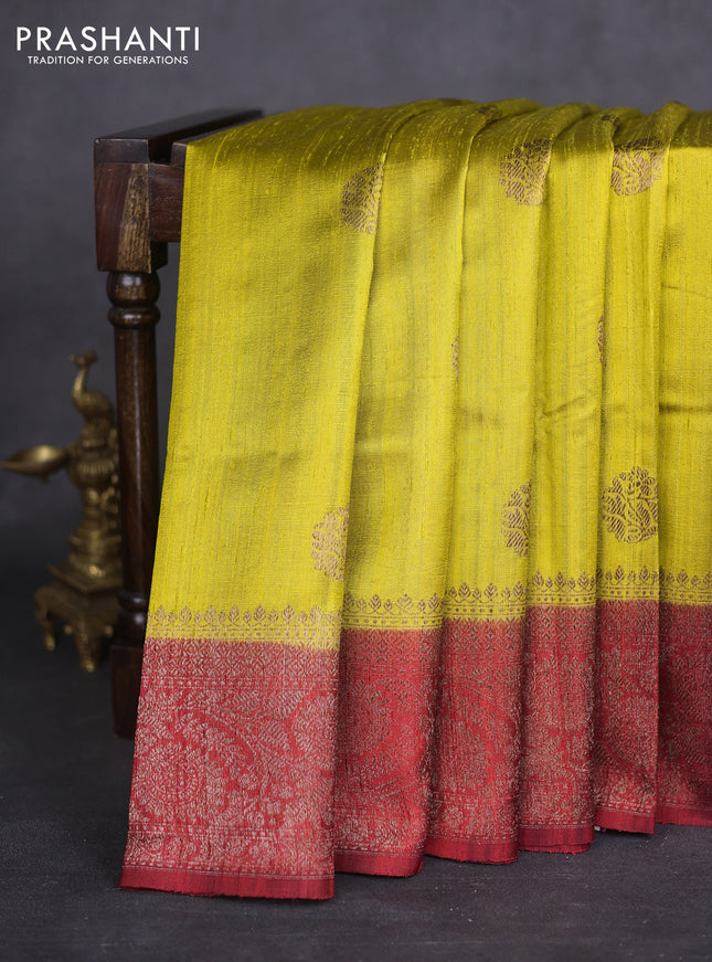Banarasi raw silk saree lime green and maroon with thread & zari woven buttas and woven border