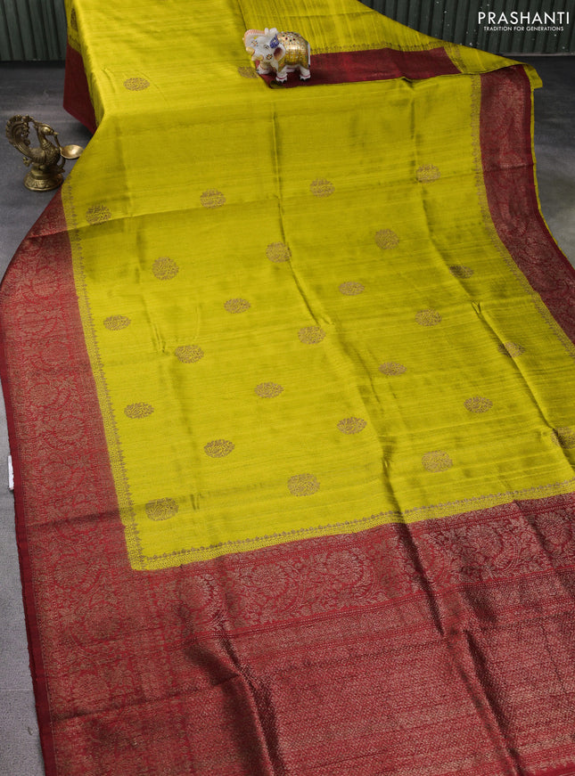 Banarasi raw silk saree lime green and maroon with thread & zari woven buttas and woven border
