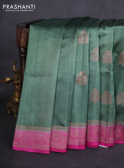 Banarasi raw silk saree pastel green and pink with thread & zari woven buttas and woven border
