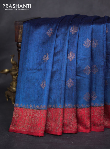 Banarasi raw silk saree cs blue and red with thread & zari woven buttas and woven border