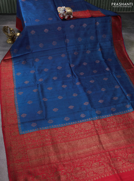 Banarasi raw silk saree cs blue and red with thread & zari woven buttas and woven border