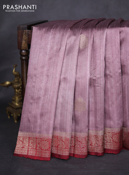 Banarasi raw silk saree rosy brown and maroon with thread & zari woven buttas and woven border