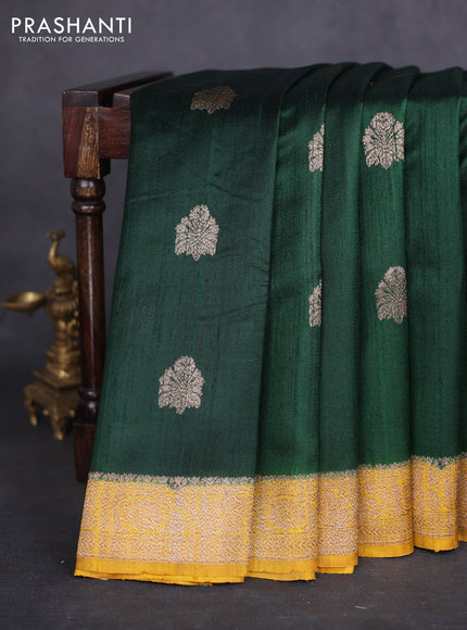 Banarasi raw silk saree bottle green and yellow with thread & zari woven buttas and woven border
