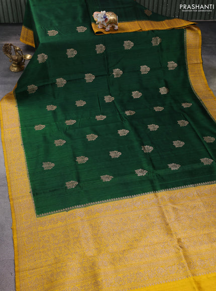 Banarasi raw silk saree bottle green and yellow with thread & zari woven buttas and woven border