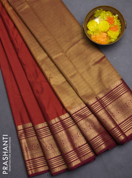 Semi kanchipuram silk saree rust shade and maroon with zari rudraksha buttas and zari woven border