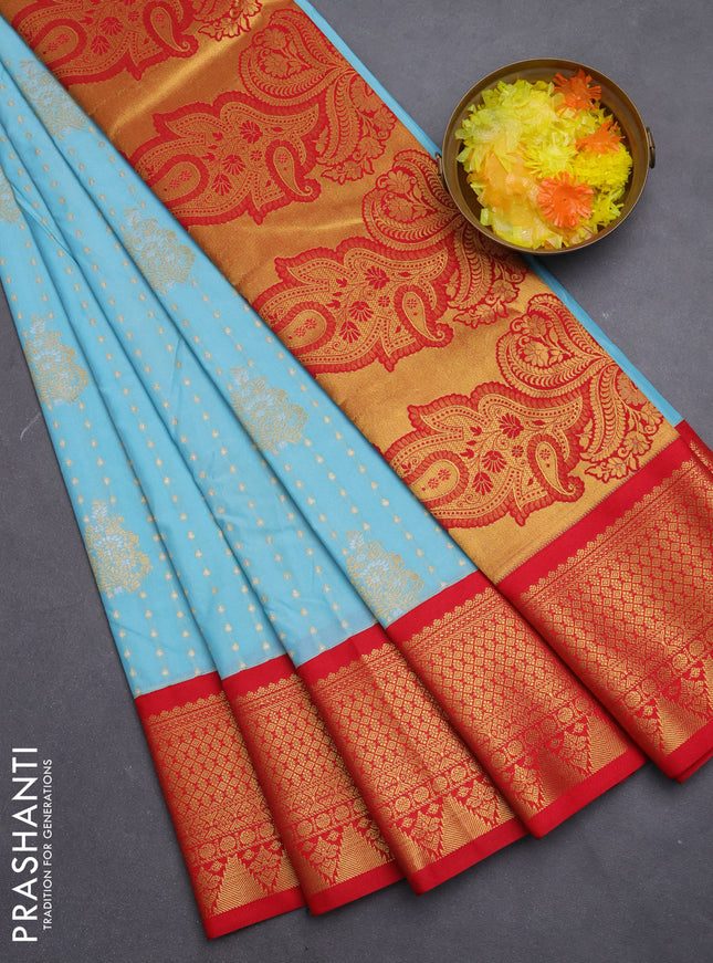 Semi kanchipuram silk saree teal blue and red with allover silver & zari woven buttas and zari woven korvai border