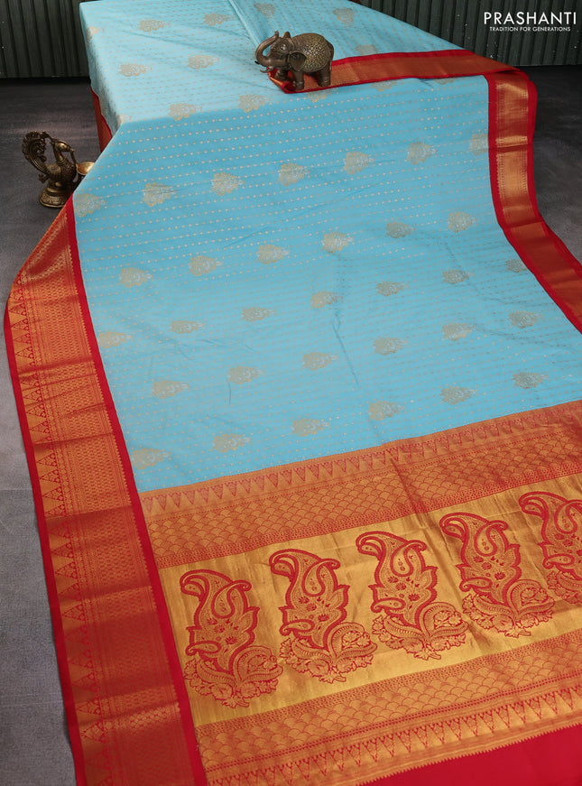 Semi kanchipuram silk saree teal blue and red with allover silver & zari woven buttas and zari woven korvai border