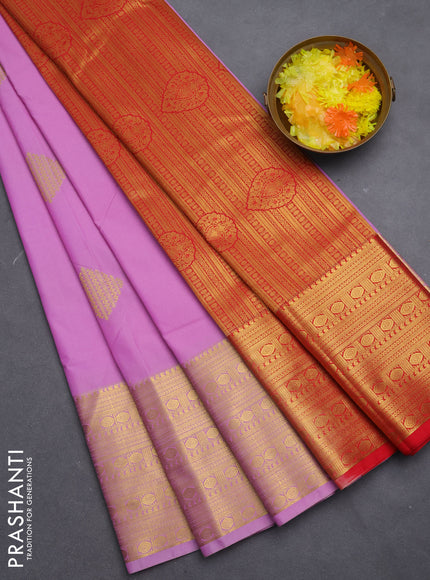 Semi kanchipuram silk saree lavender and red with zari woven buttas and long zari woven border