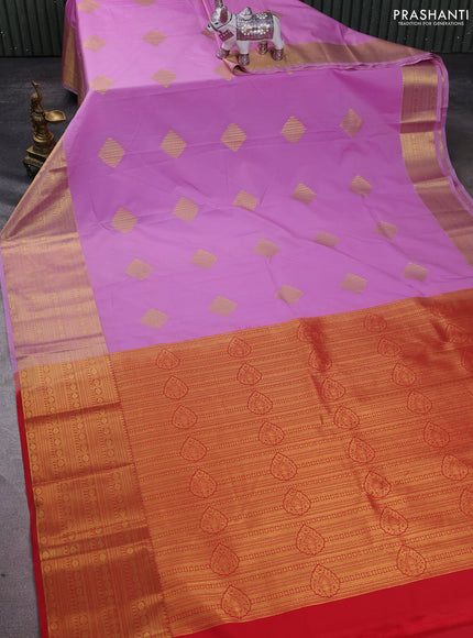 Semi kanchipuram silk saree lavender and red with zari woven buttas and long zari woven border