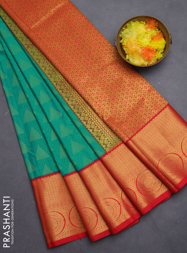 Semi kanchipuram silk saree green and red with allover stripes zari woven buttas and zari woven korvai border