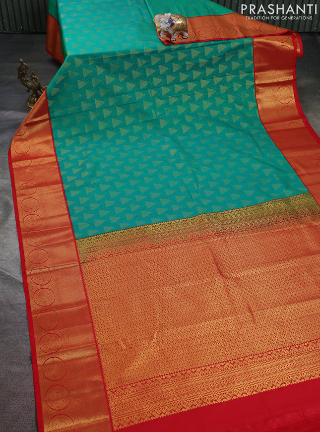 Semi kanchipuram silk saree green and red with allover stripes zari woven buttas and zari woven korvai border