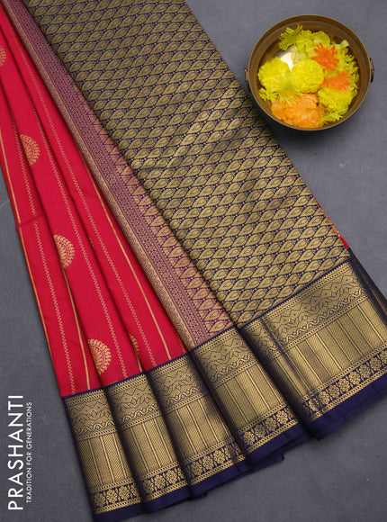 Semi kanchipuram silk saree pink and navy blue with allover zari stripes pattern & buttas and zari woven border