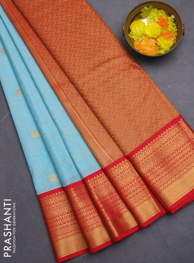 Semi kanchipuram silk saree teal blue and red with allover zari checks & buttas and zari woven border