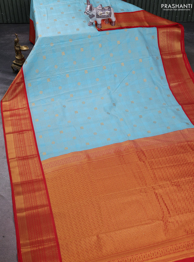 Semi kanchipuram silk saree teal blue and red with allover zari checks & buttas and zari woven border