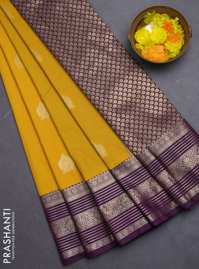 Semi kanchipuram silk saree yellow and purple with zari woven buttas and zari woven border