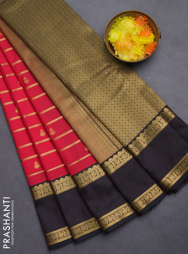 Semi kanchipuram silk saree pink and black with allover zari weaves and rettapet zari woven korvai border
