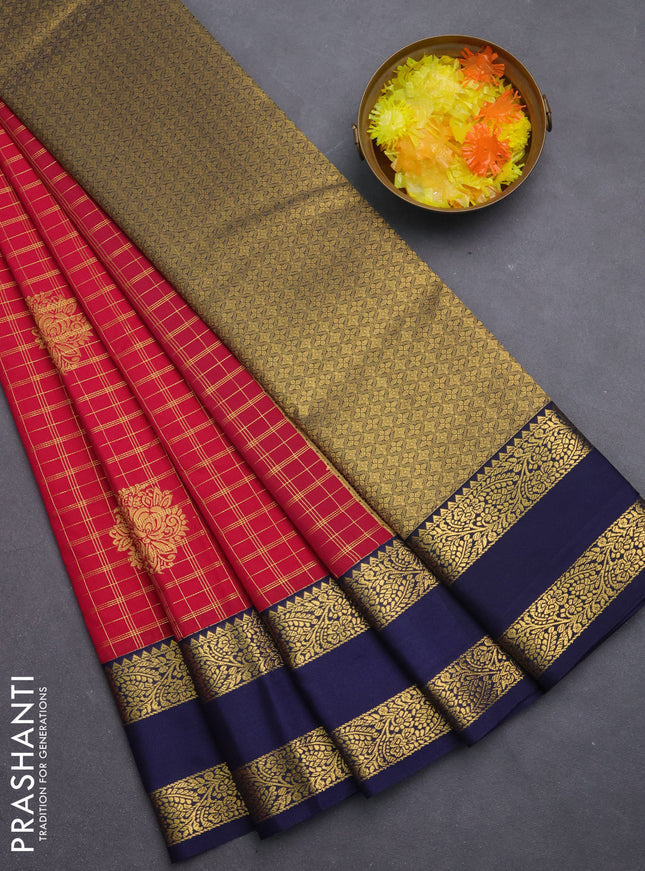 Semi kanchipuram silk saree pink and navy blue with allover zari checks & buttas and rettapet zari woven korvai border