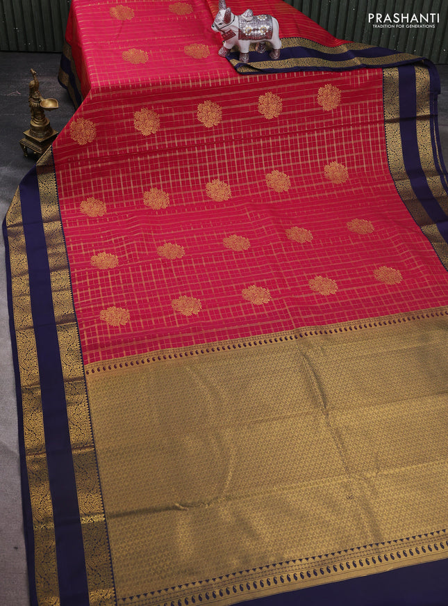 Semi kanchipuram silk saree pink and navy blue with allover zari checks & buttas and rettapet zari woven korvai border