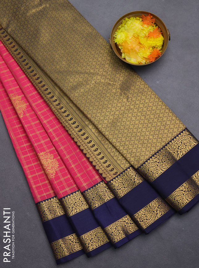 Semi kanchipuram silk saree peach pink and navy blue with allover zari checks & buttas and rettapet zari woven korvai border