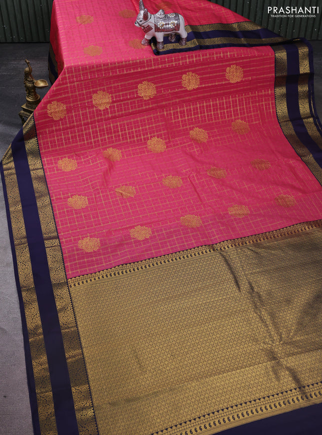 Semi kanchipuram silk saree peach pink and navy blue with allover zari checks & buttas and rettapet zari woven korvai border