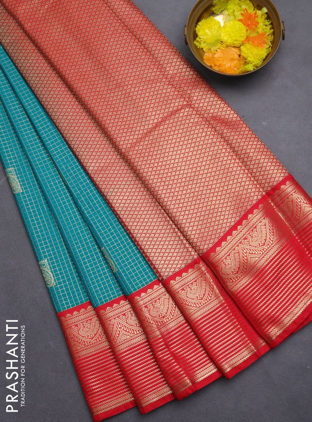 Semi kanchipuram silk saree teal green and red with allover zari checks & buttas and zari woven border