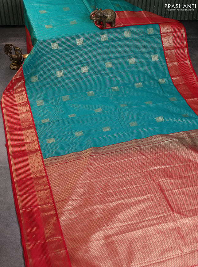 Semi kanchipuram silk saree teal green and red with allover zari checks & buttas and zari woven border