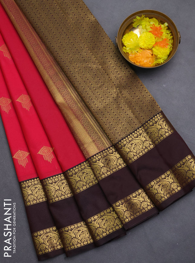 Semi kanchipuram silk saree pink and coffee brown with zari woven buttas and rettapet zari woven korvai border