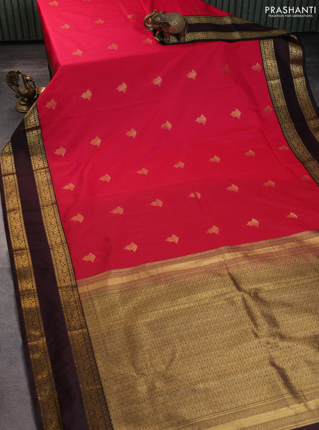 Semi kanchipuram silk saree pink and coffee brown with zari woven buttas and rettapet zari woven korvai border