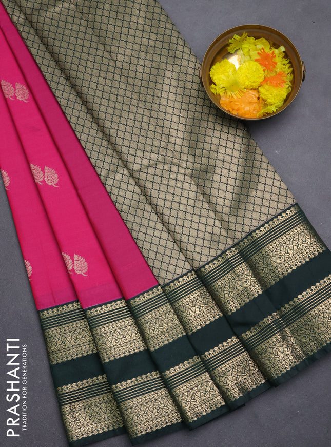 Semi kanchipuram silk saree magenta pink and bottle green with zari woven buttas and long zari woven border