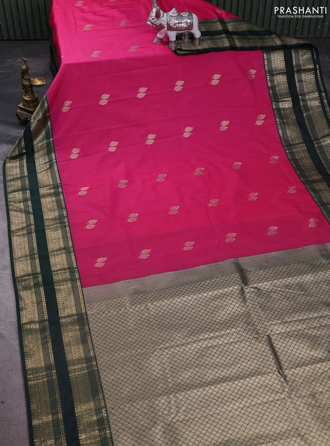 Semi kanchipuram silk saree magenta pink and bottle green with zari woven buttas and long zari woven border