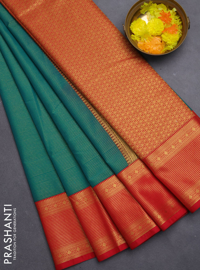 Semi kanchipuram silk saree green and red with allover zari weaves and rich zari woven border
