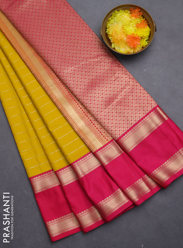 Semi kanchipuram silk saree yellow and pink with allover zari weaves and rettapet zari woven korvai border