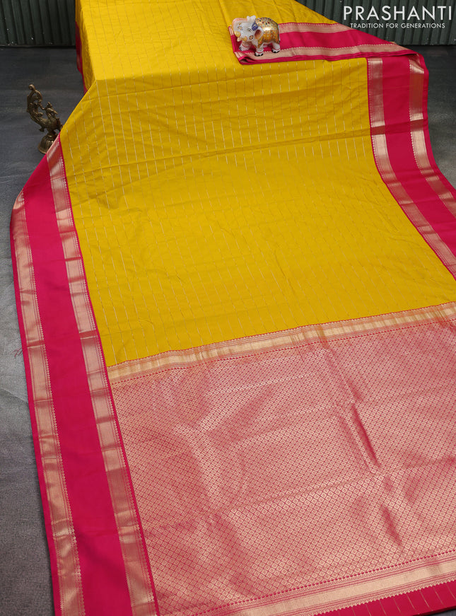 Semi kanchipuram silk saree yellow and pink with allover zari weaves and rettapet zari woven korvai border