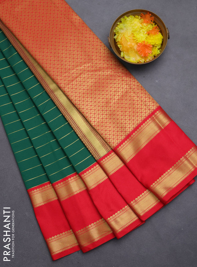 Semi kanchipuram silk saree green and red with allover zari weaves and rettapet zari woven korvai border