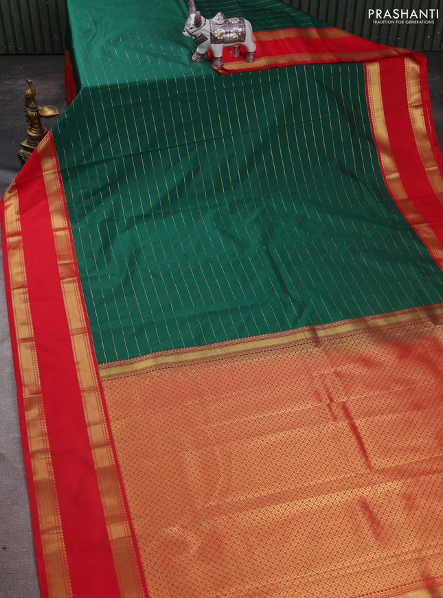 Semi kanchipuram silk saree green and red with allover zari weaves and rettapet zari woven korvai border