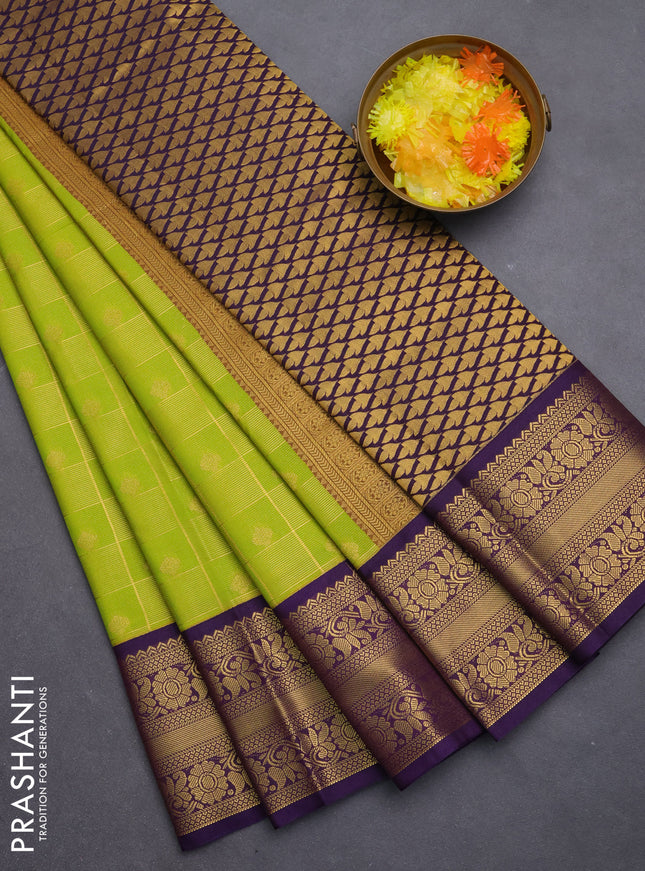 Semi kanchipuram silk saree lime green and purple with allover zari checks & buttas and zari woven korvai border