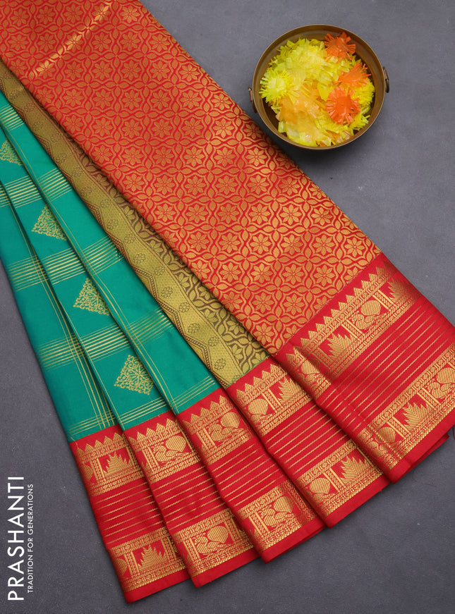 Semi kanchipuram silk saree teal green and red with allover zari checks & buttas and temple design rettapet zari woven border