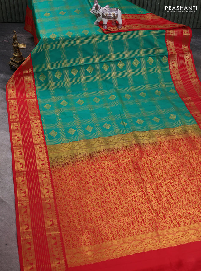 Semi kanchipuram silk saree teal green and red with allover zari checks & buttas and temple design rettapet zari woven border