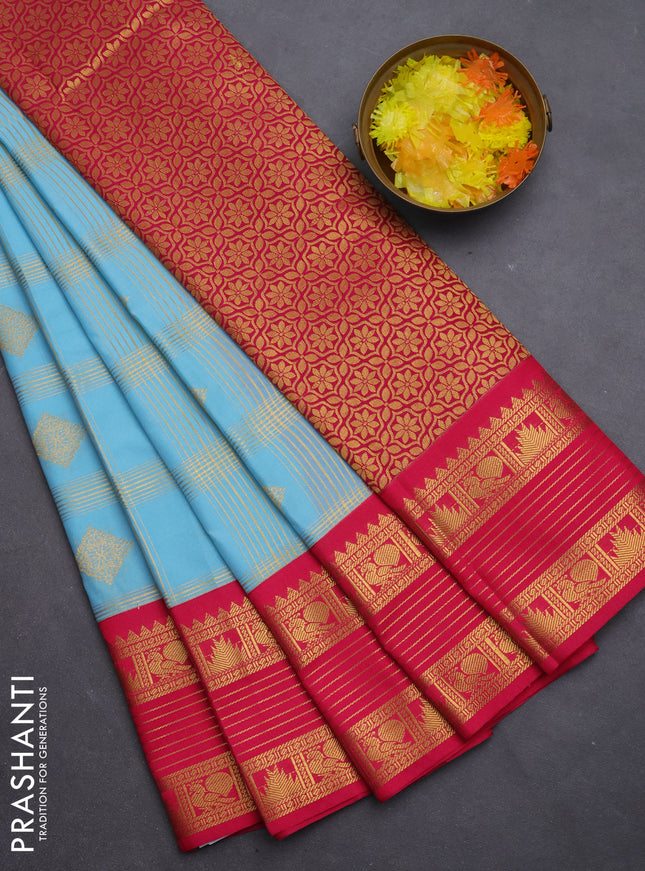 Semi kanchipuram silk saree teal blue and pink with allover zari checks & buttas and temple design rettapet zari woven border
